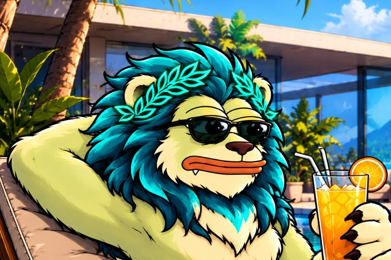 RHEA INU on a sunbed by the pool, sunglasses on, an orange juice in his paw