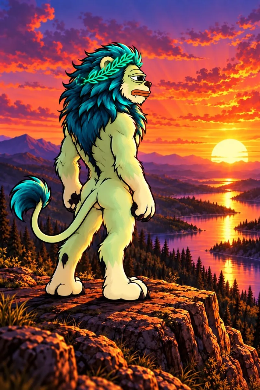 RHEA INU seen from behind on a cliff, looking over a lake at sunset