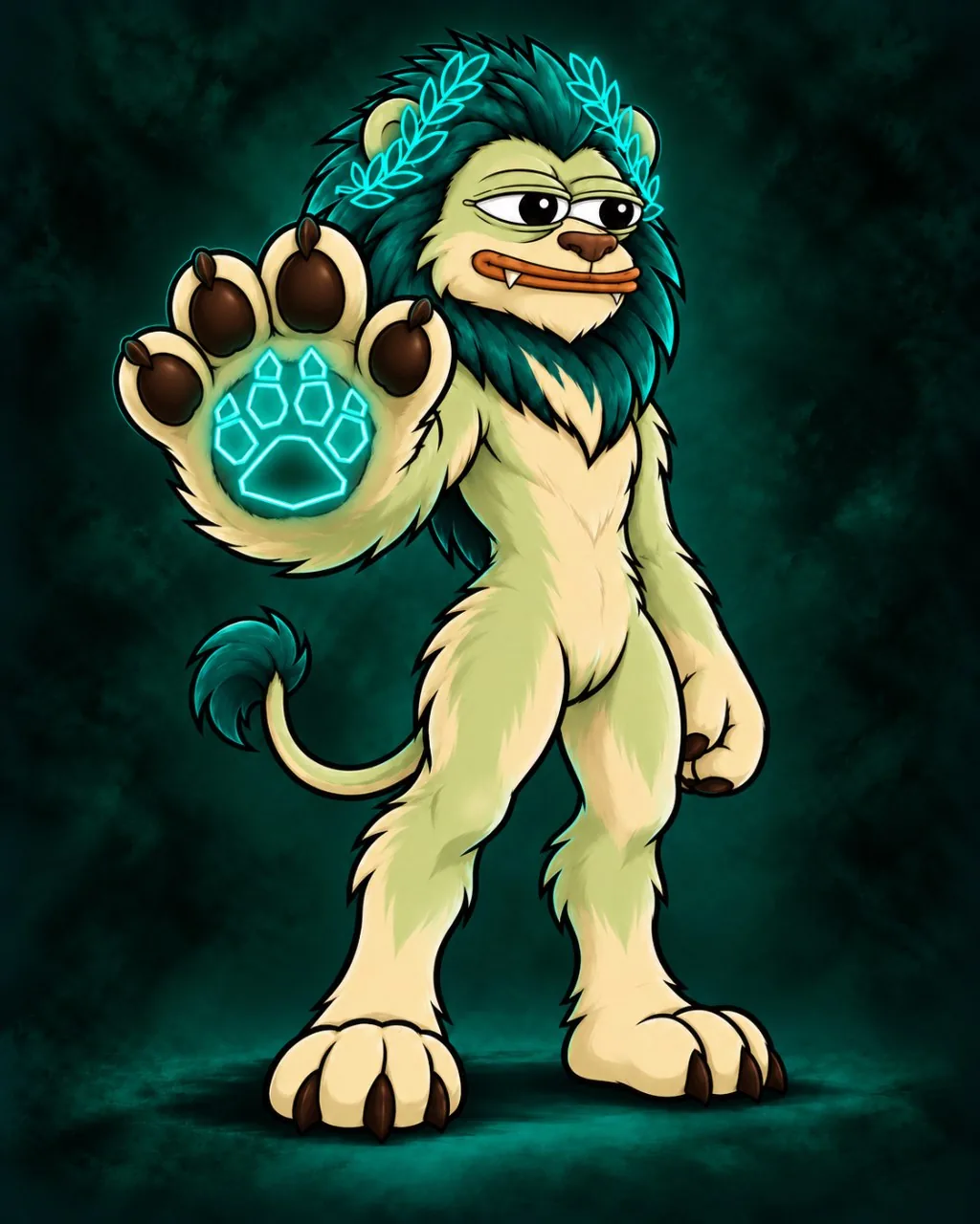 RHEA INU standing tall, raising a paw marked with a glowing sigil