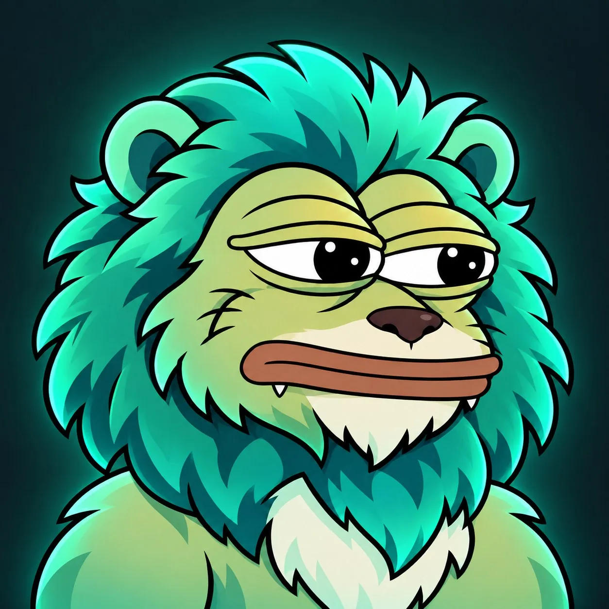 RHEA INU, a lion with a teal mane and a laurel crown, looking deeply unimpressed